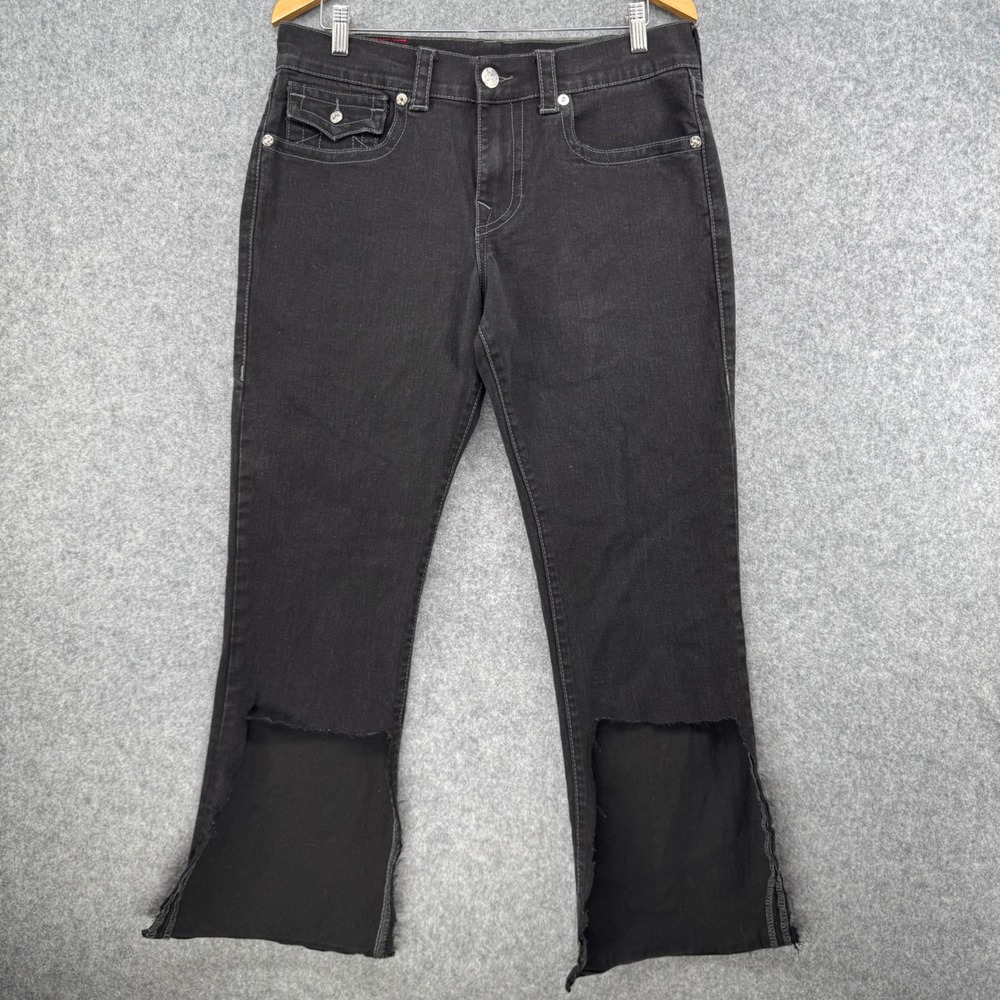 True Religion Ricky Relaxed Straight Jeans Mens 32 Black Cut Out Raw Hem READ